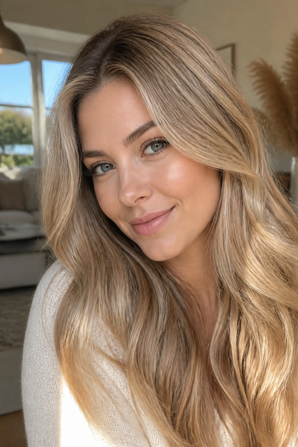 Close-up portrait of a real woman with cool beige honey blonde hair in soft window light