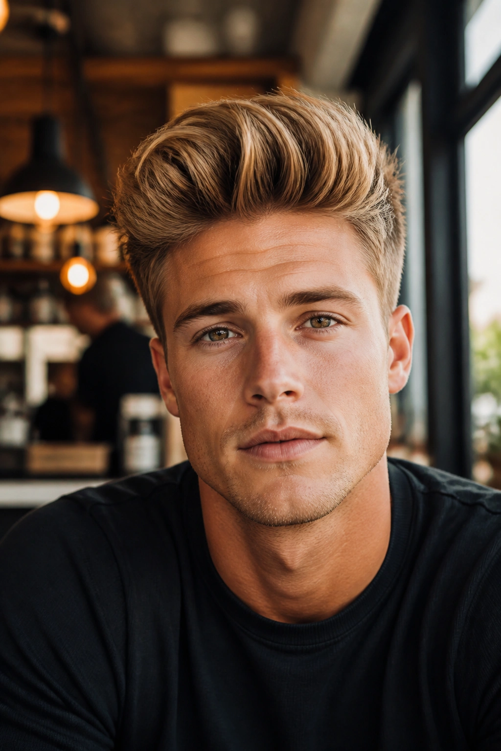 Close-up portrait of a man with a honey blonde textured quiff