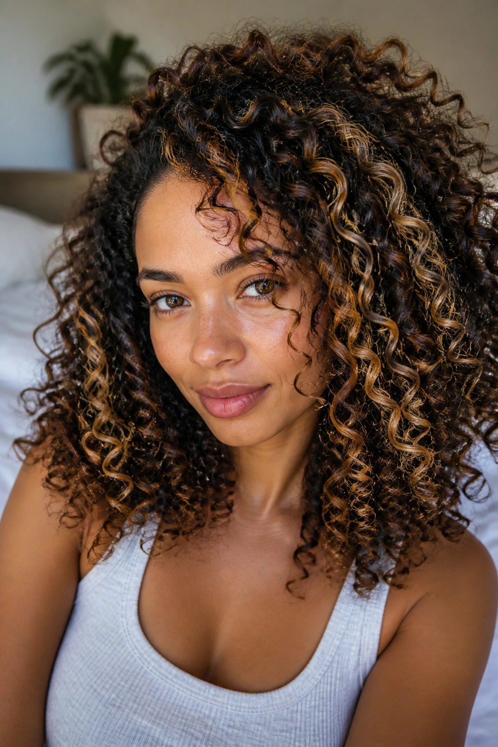 Close-up of dark curly hair with honey blonde ribbon highlights around the face