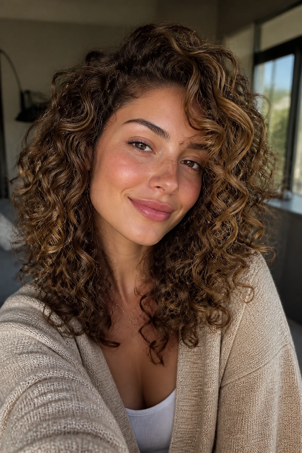 Honey blonde ribbons on medium brown curls framing the face
