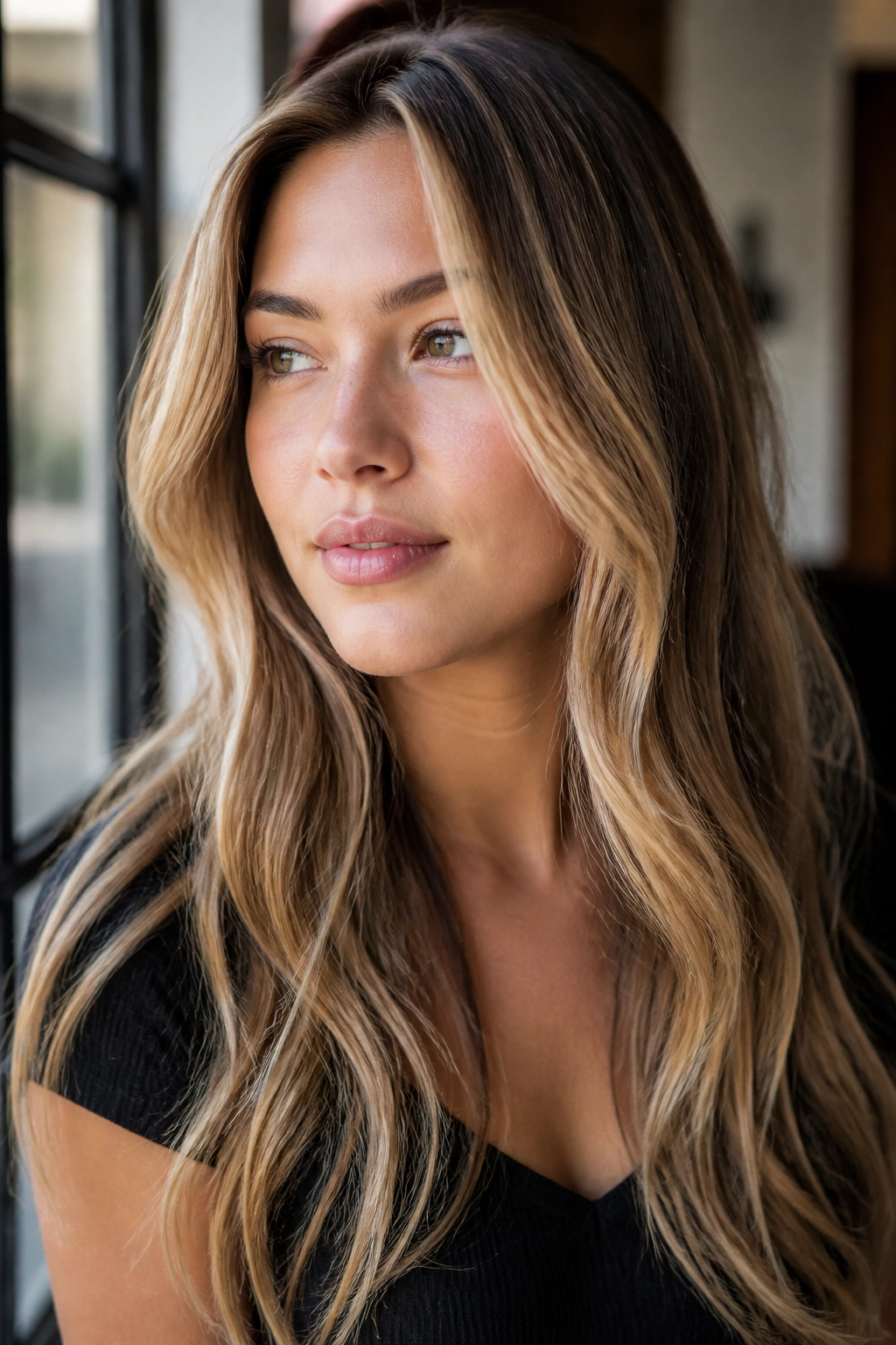Close-up of honey blonde ribbons in hair of a real person
