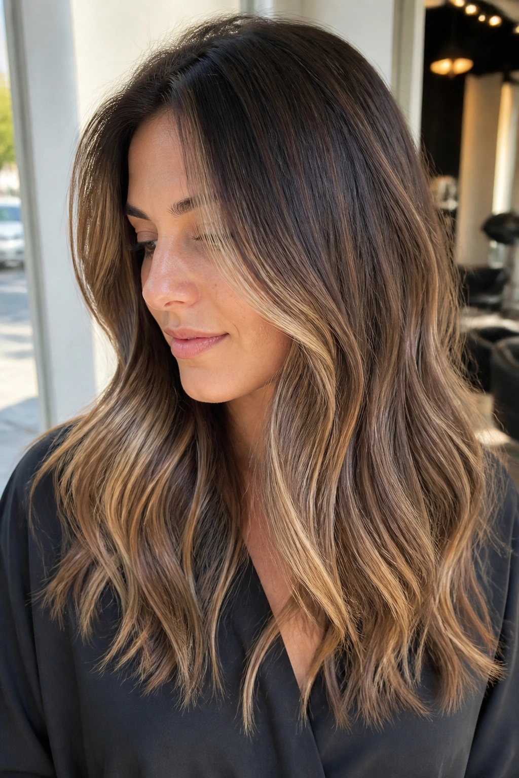 Close-up of a real woman with honey blonde ribbons woven into medium brown hair in warm sunlight