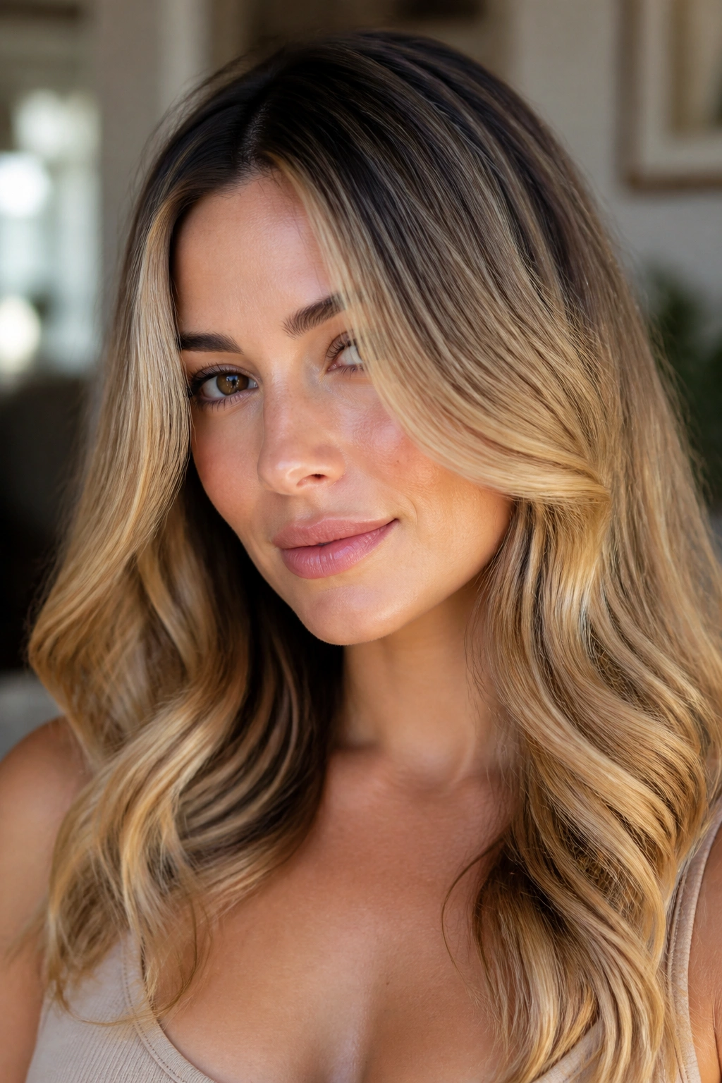 Close-up portrait of a real woman with honey blonde hair and a deep root melt