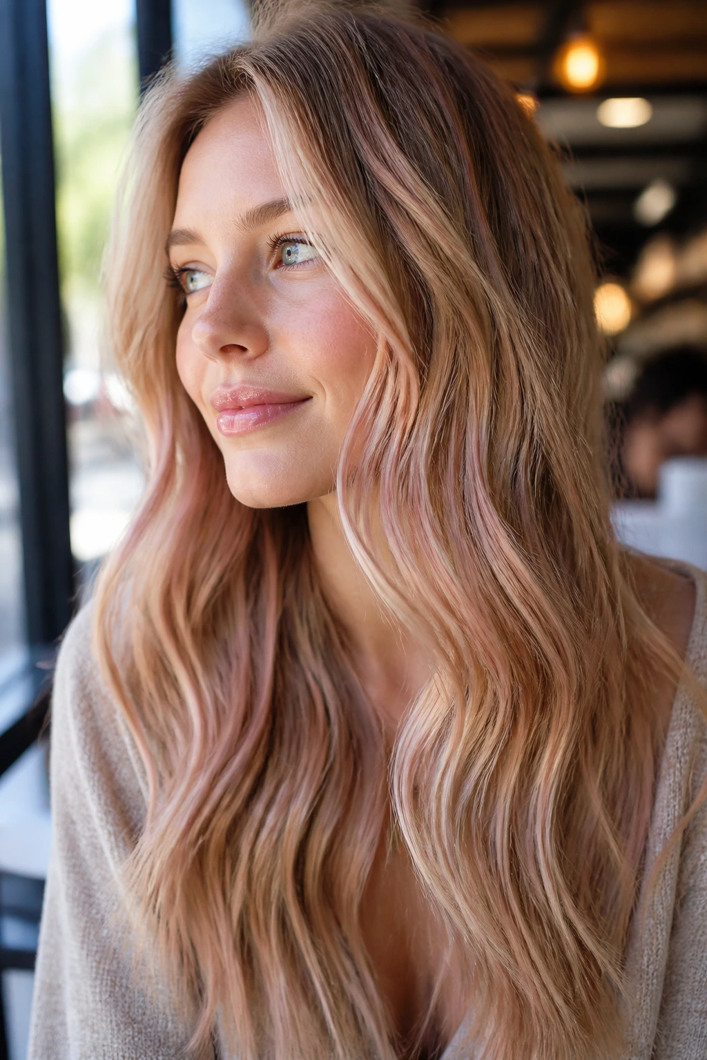 Close-up of honey blonde hair with champagne rose ribbons on a real woman