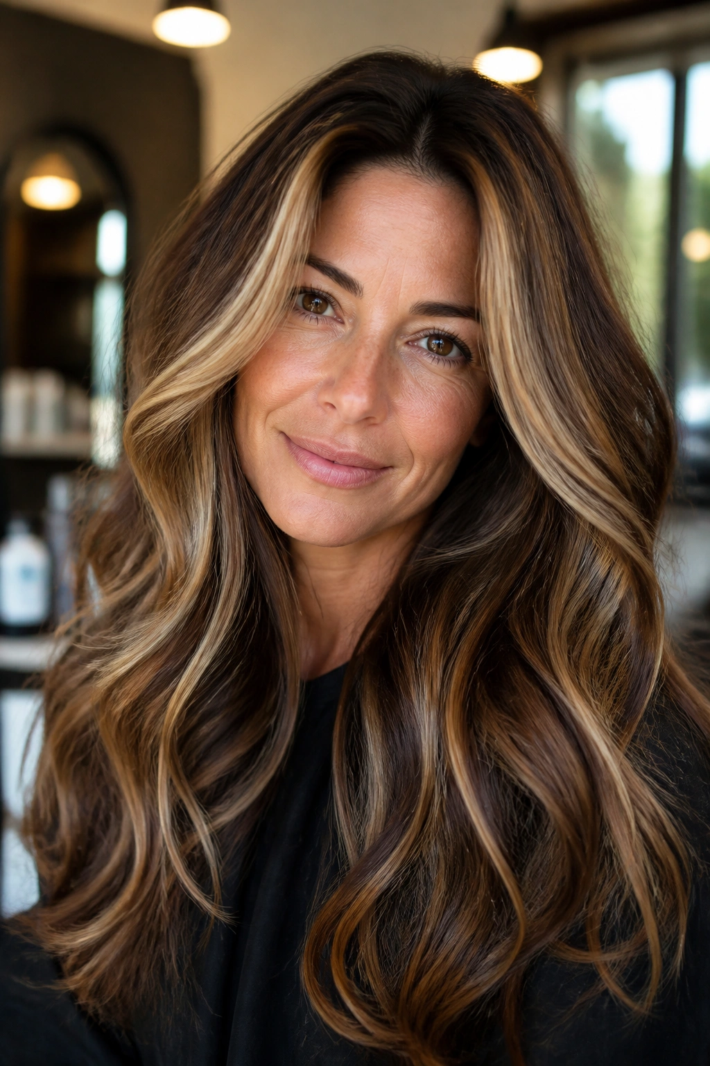 Close-up of thick brown hair with honey blonde streaks framing the face in a warm salon setting