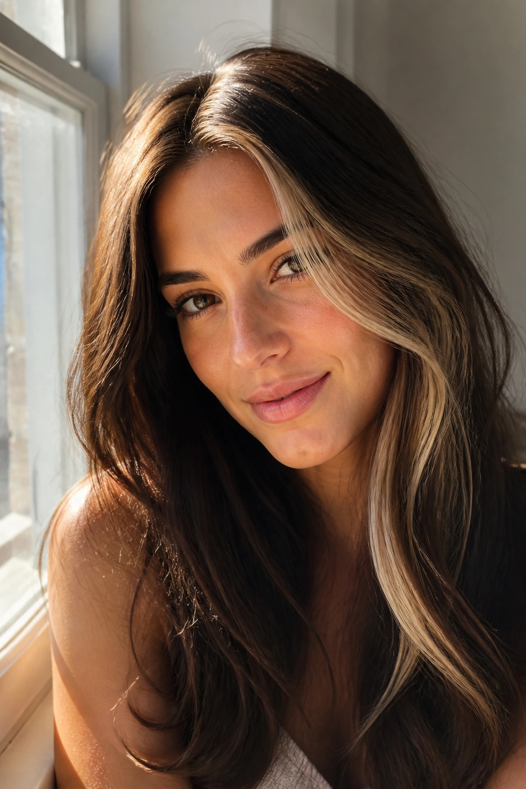 Close-up of a real woman with a honey blonde stripe on brown hair