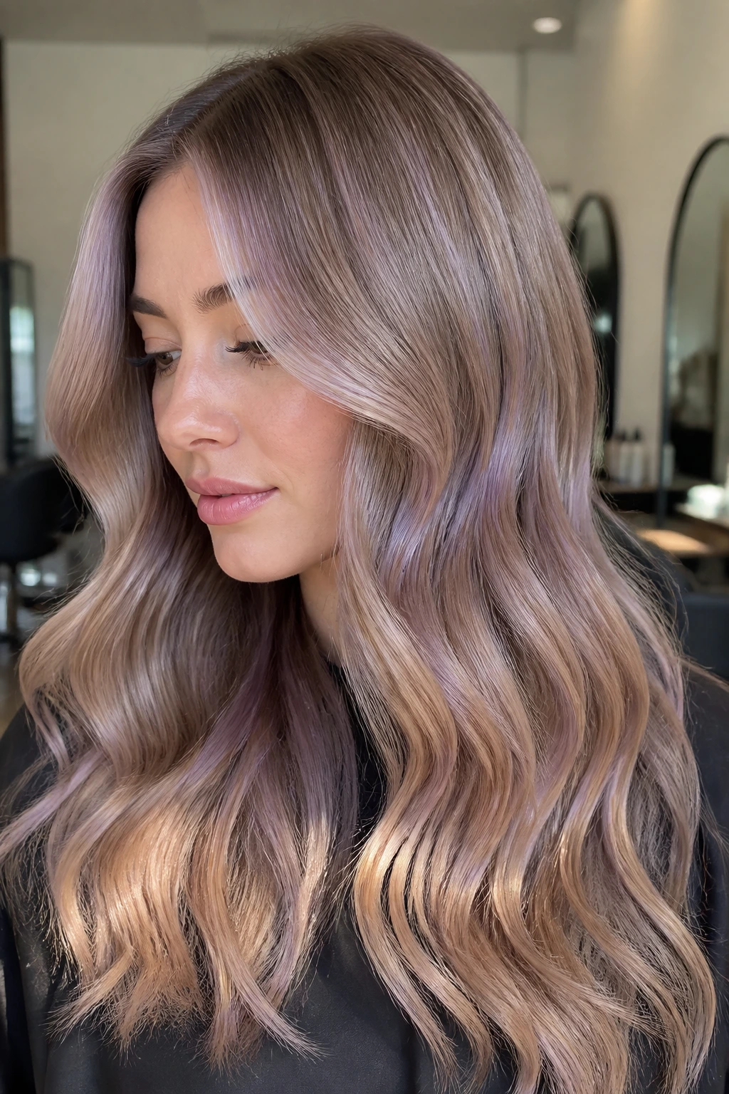 Close-up of honey blonde hair with violet gloss on a real person