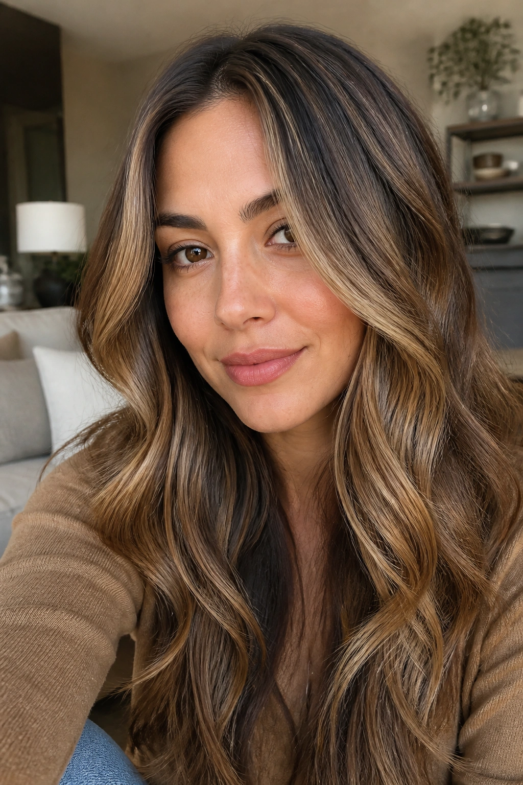 Close-up of warm medium brown hair with subtle honey blonde highlights