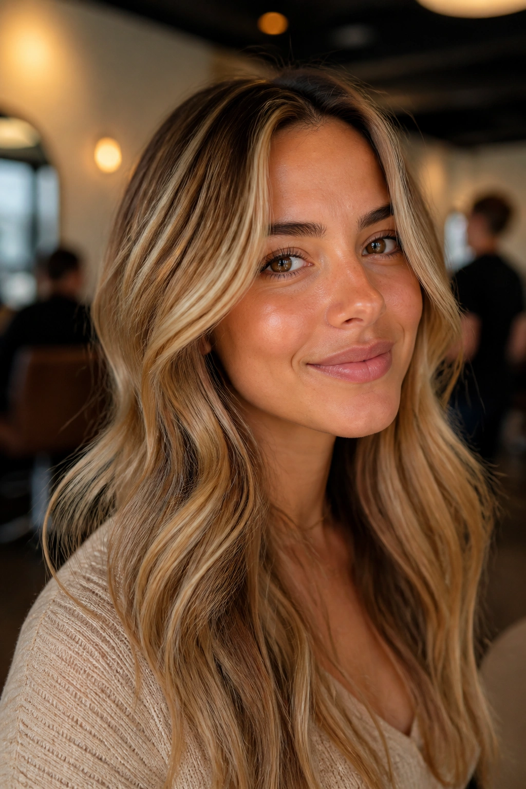 Close-up of a real woman with honey blonde hair and warm skin.
