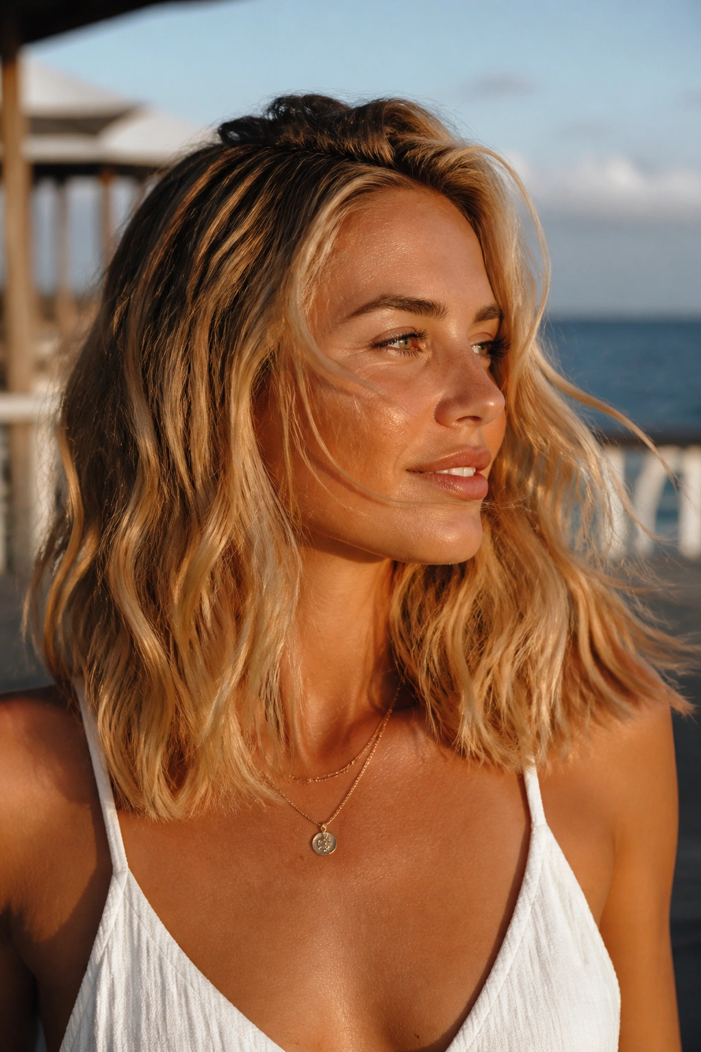 Portrait of a woman with honey blonde beachy waves in sunlight