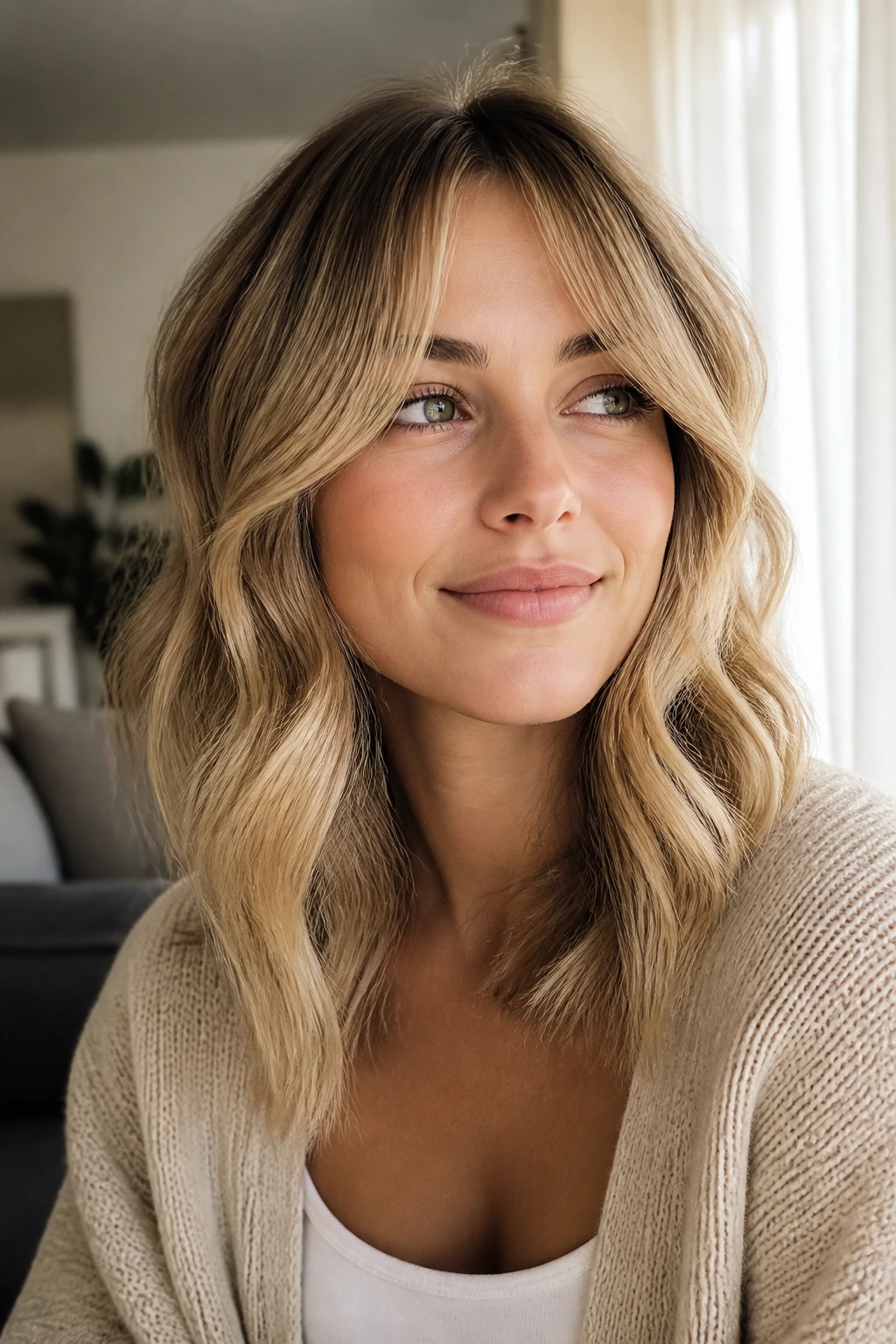 Real woman with honey blonde waves and curtain bangs
