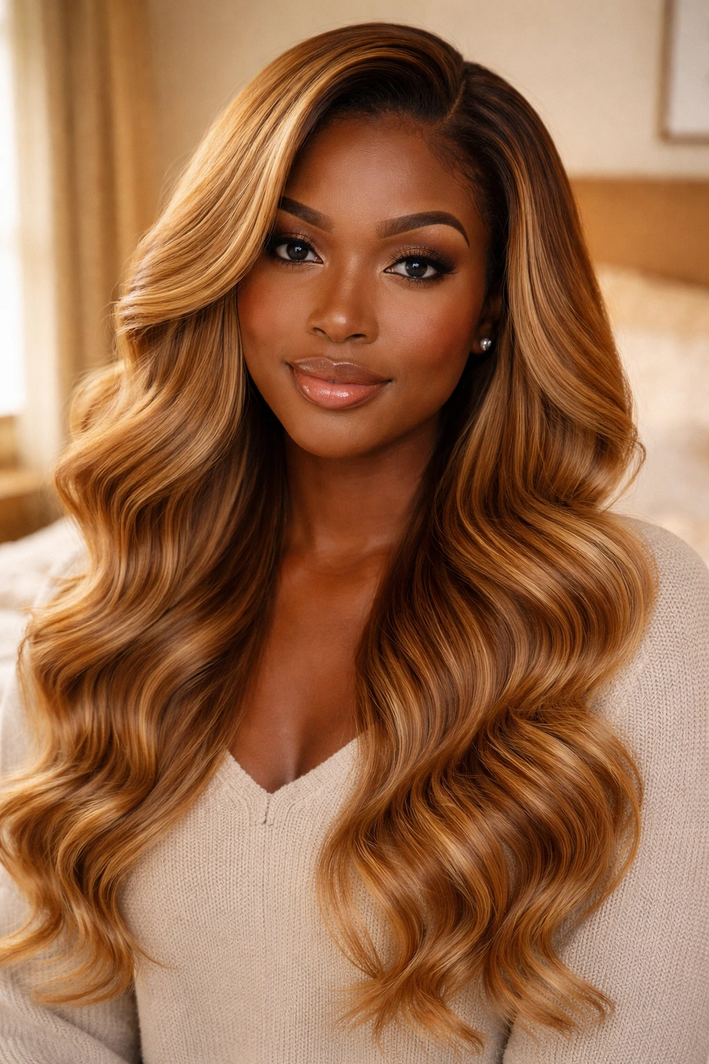 Close-up portrait of a real Black woman with honey blonde body wave sew-in in a cozy bedroom.