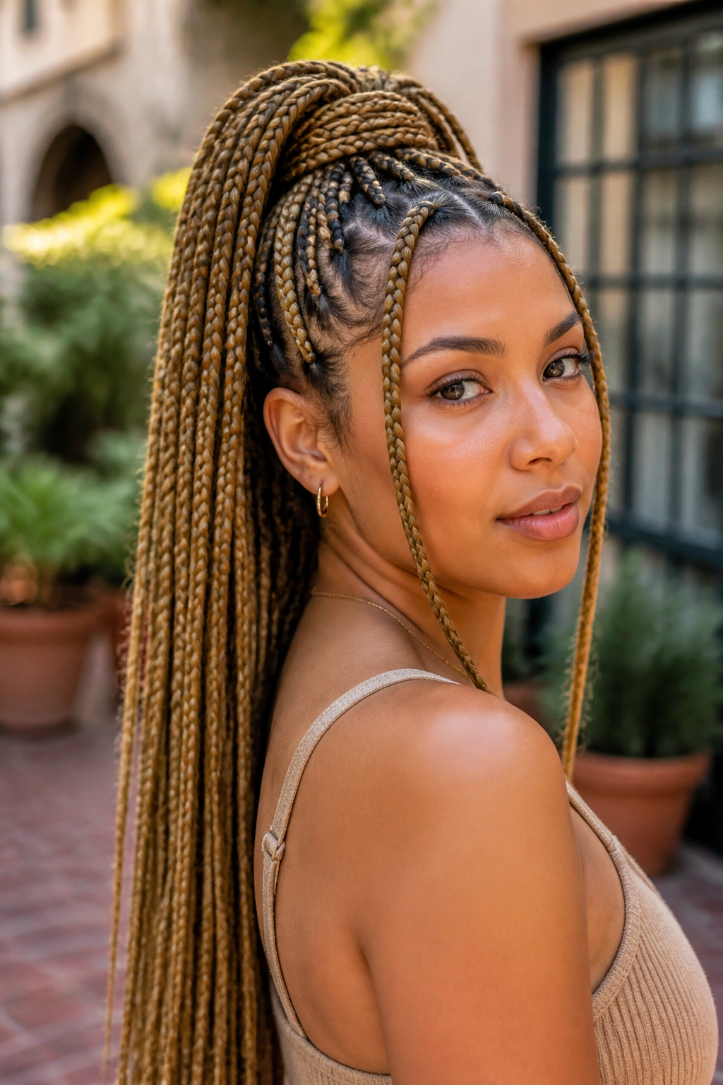 Close-up portrait of a real woman with honey box braids in a high ponytail