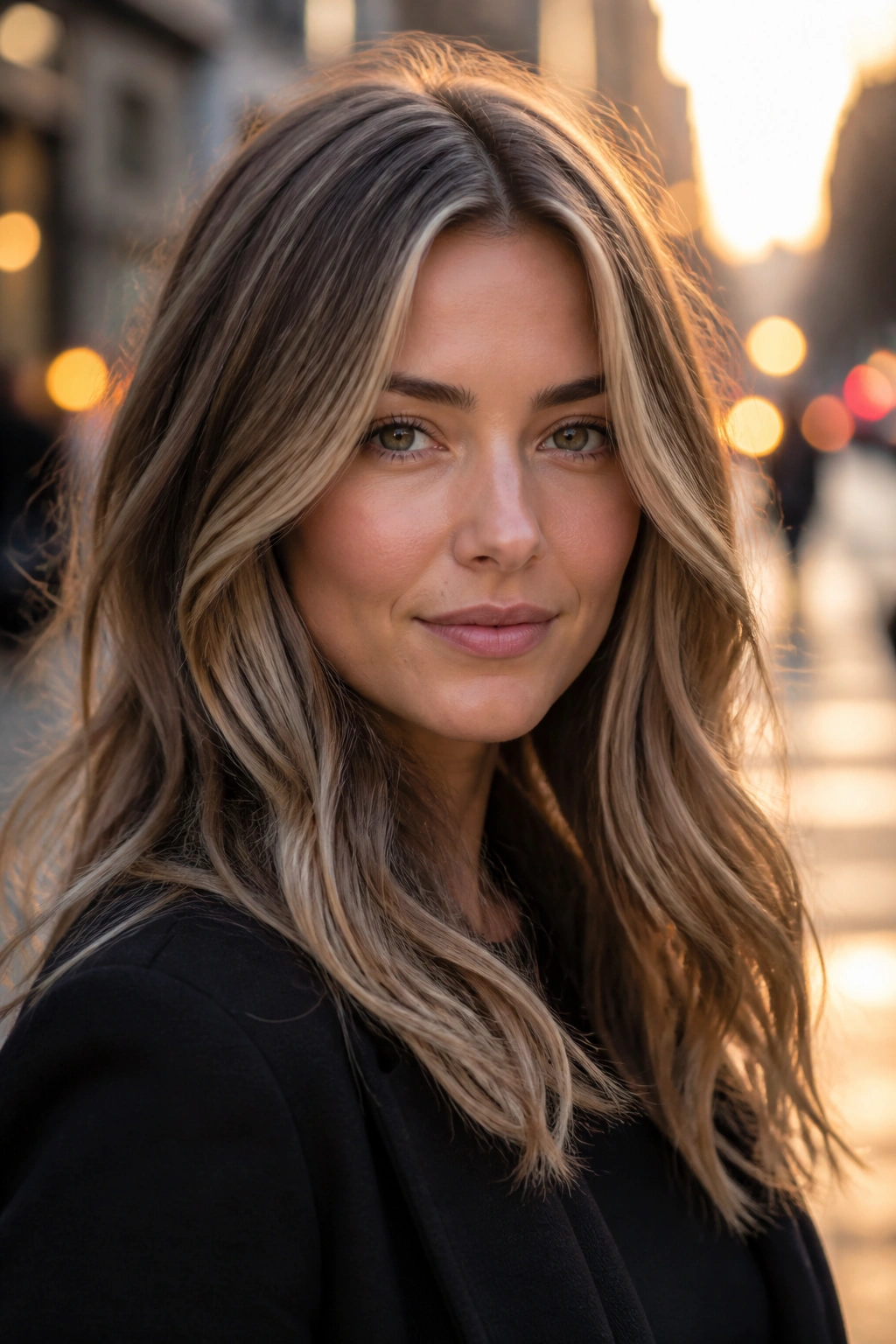 Portrait of a woman with honey bronde ash-soft dimension hair and natural roots in golden hour light.