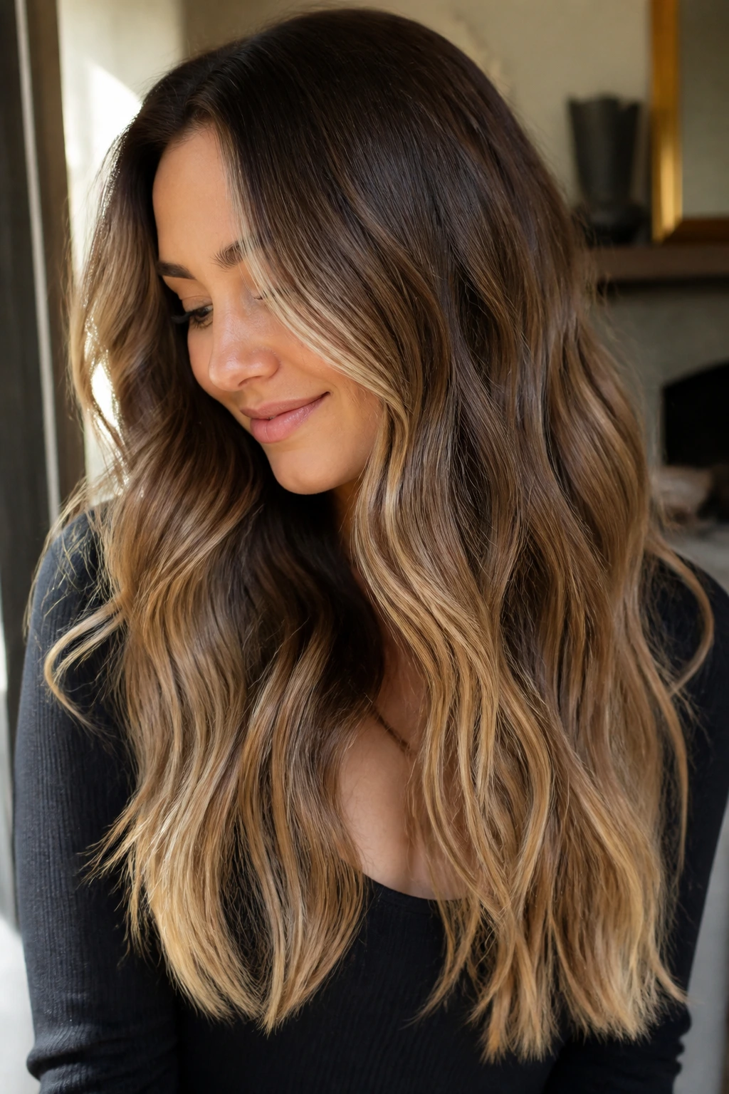 Close-up of brunette with honey bronde balayage and beige ends