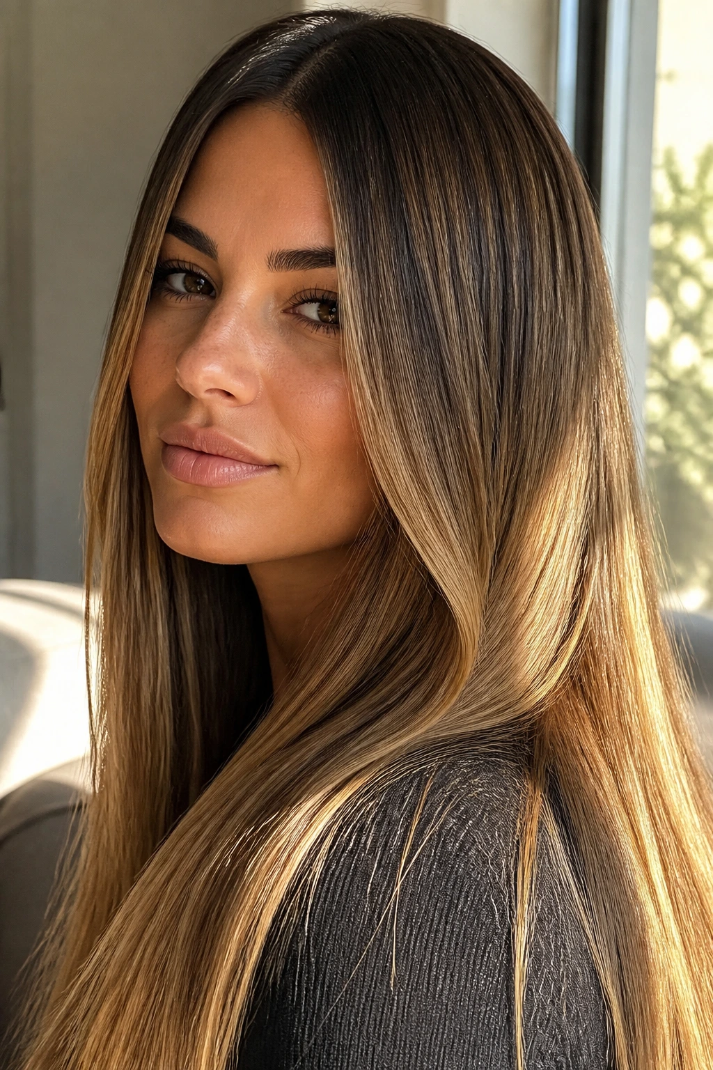 Close-up portrait of a real woman with honey bronde straight hair in sunlit room