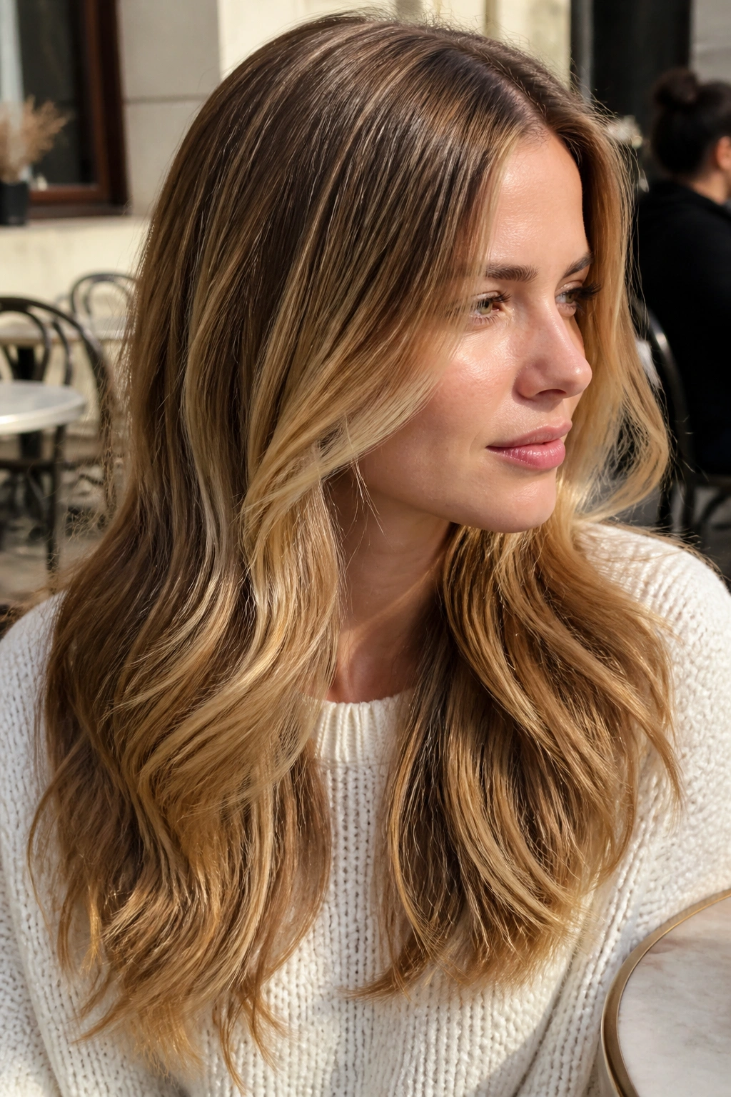 Close-up of a real woman with honey bronde hair at an outdoor cafe