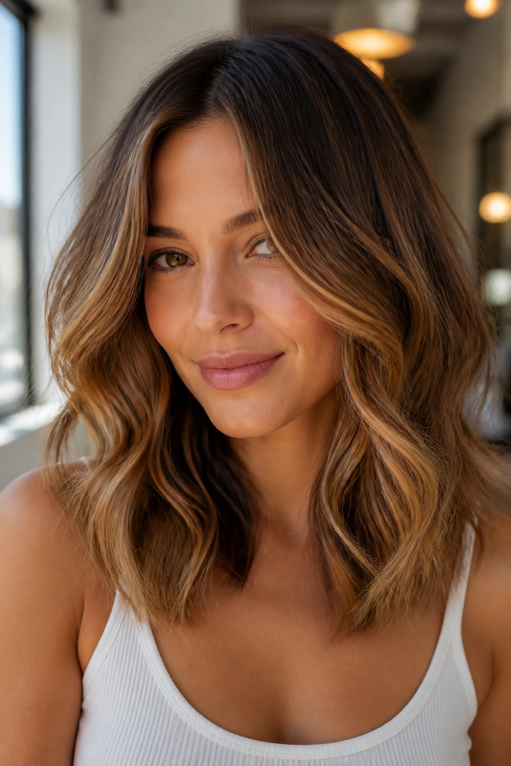 Portrait of a real woman with honey-bronze waves and natural movement.