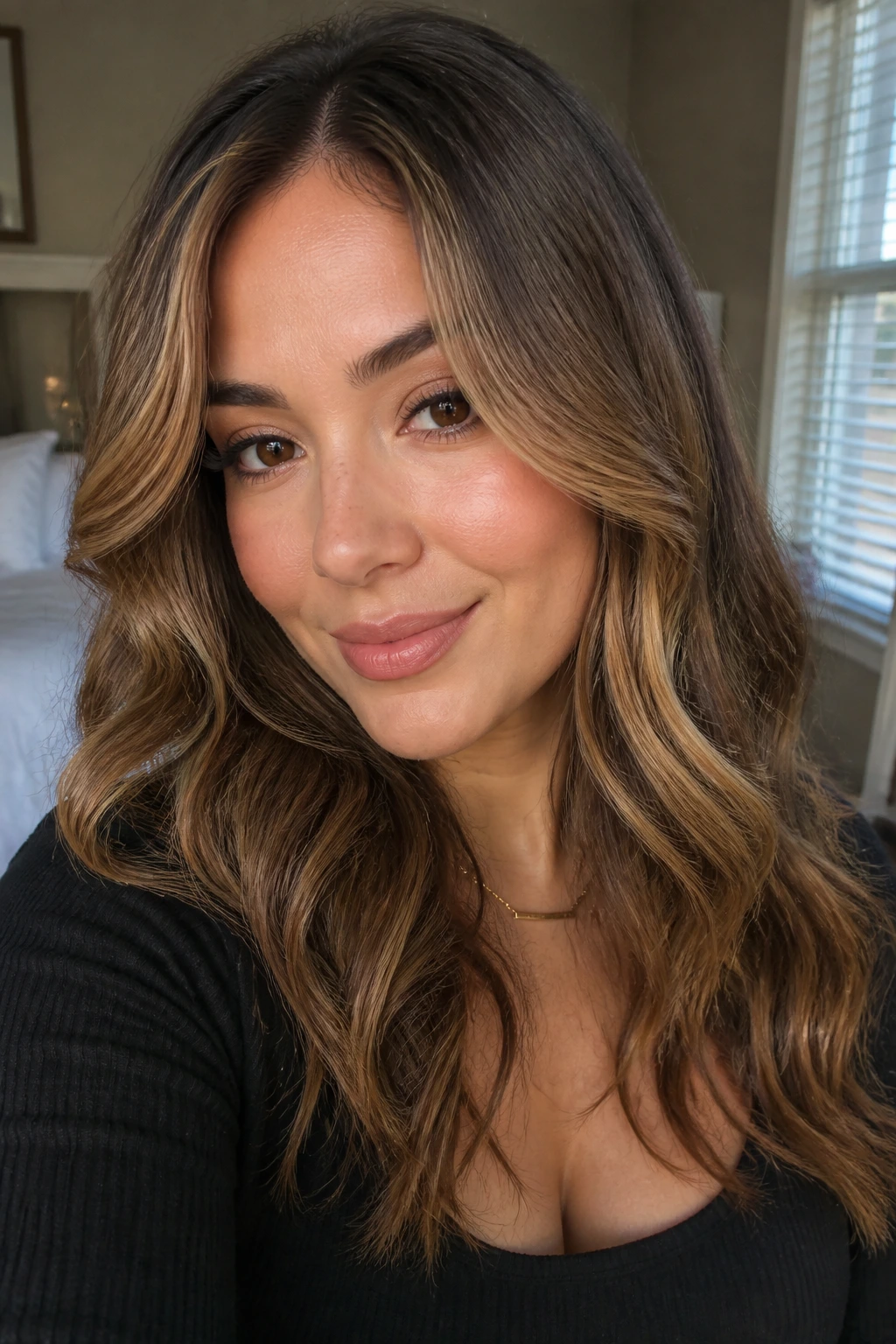 Close-up portrait of a real woman with honey brown balayage waves and face-framing pieces