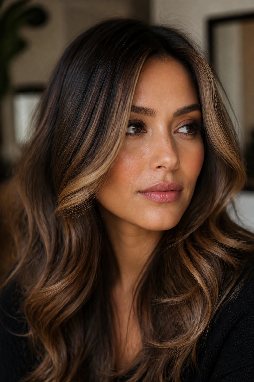 Close-up portrait of a real woman with honey-kissed chocolate brown hair and honey highlights around the face.