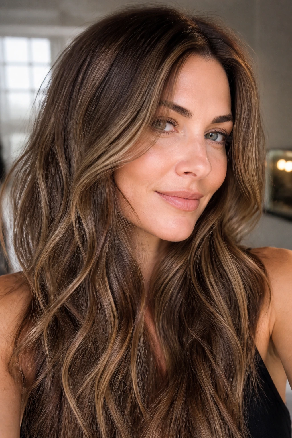 Close-up portrait of a real woman with cocoa honey brown hair and airy highlights.