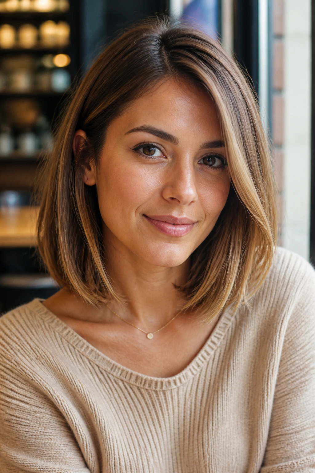 Portrait of a woman with honey brown collarbone bob