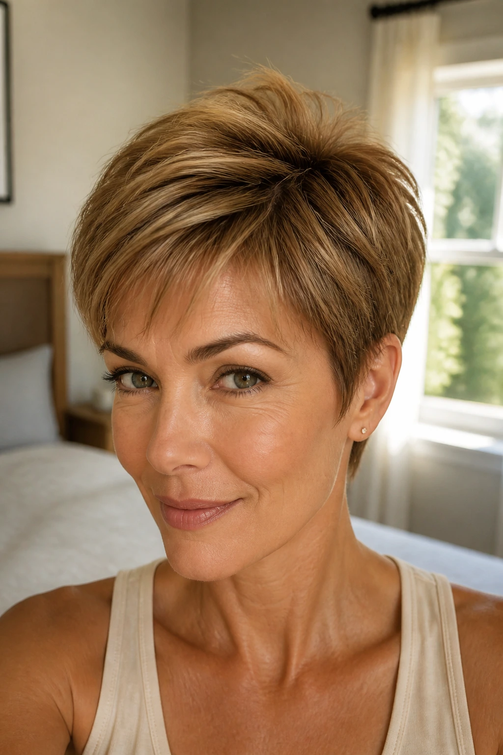 Close-up portrait of a real woman with honey brown pixie crown lift