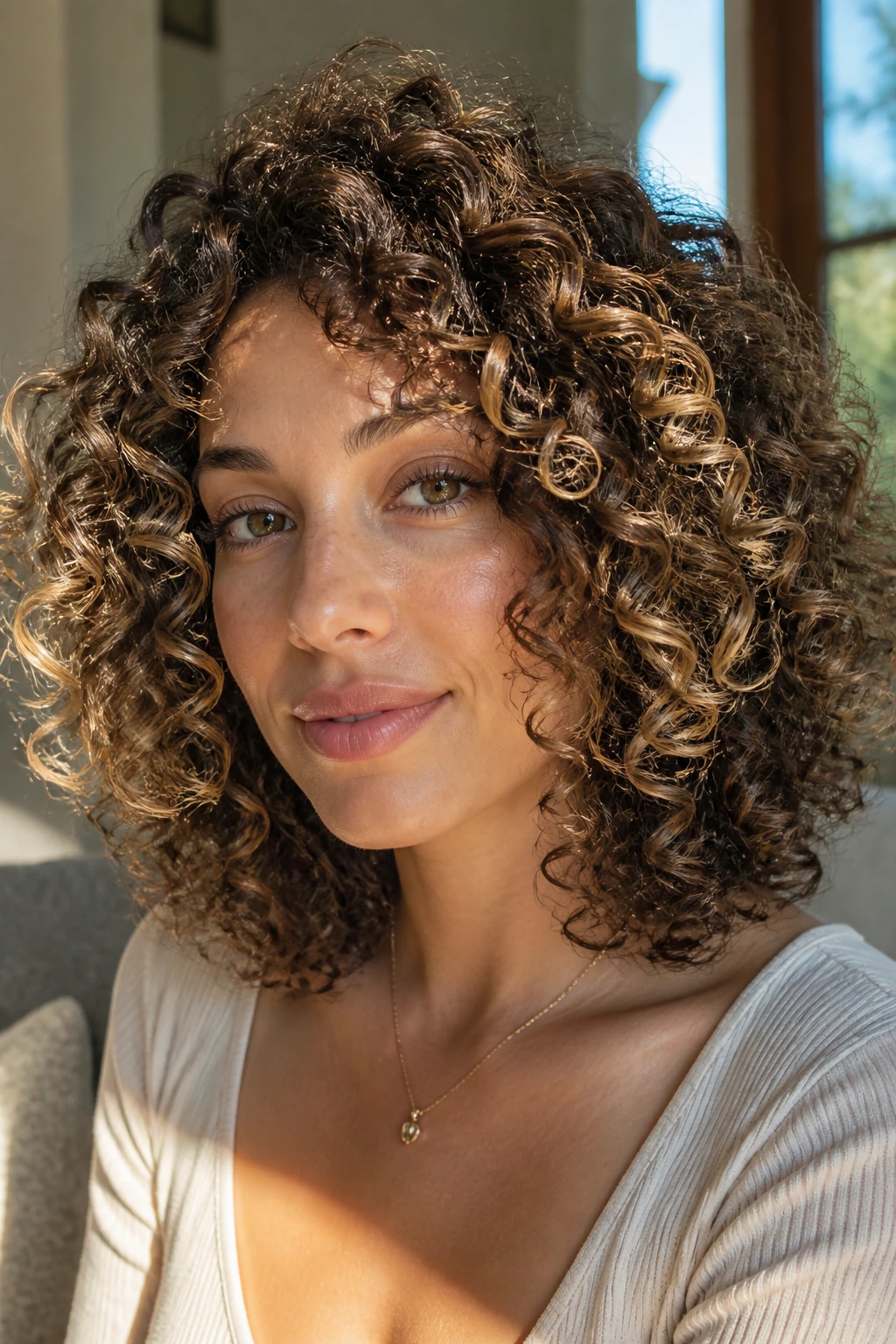 Close-up of a real woman with curly hair featuring painted honey ribbons on outer curls for definition.