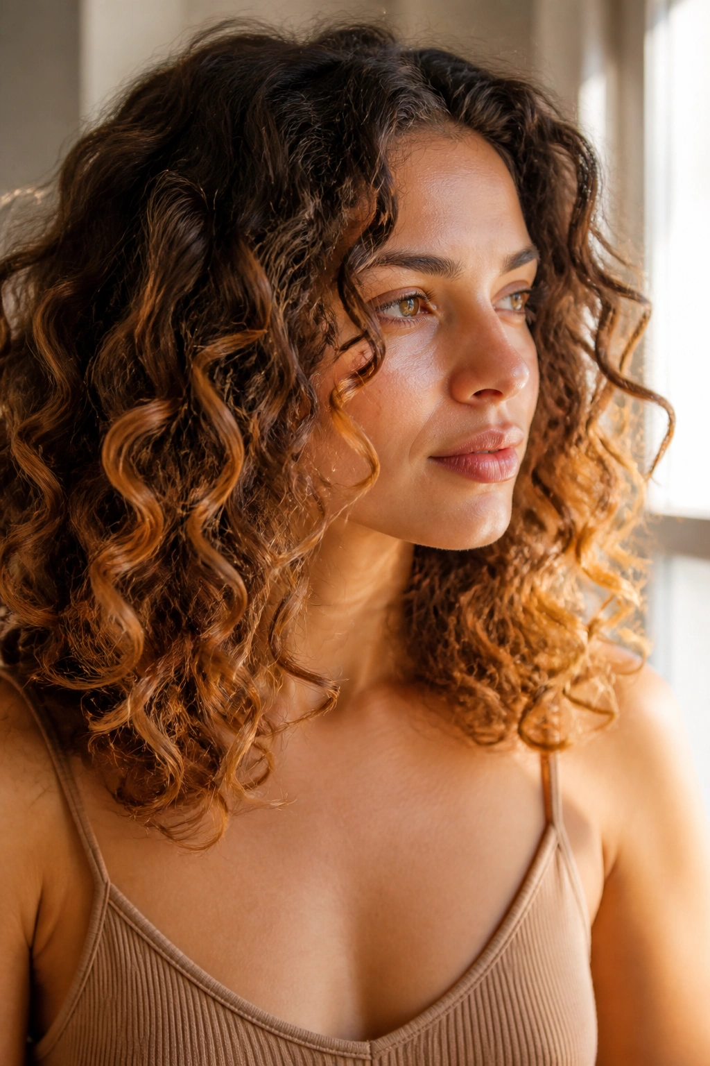 Close-up of a real woman with honey brown ends on loose ringlets
