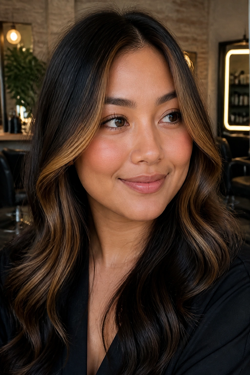 Real woman with honey brown face frame and shadow root framing the face