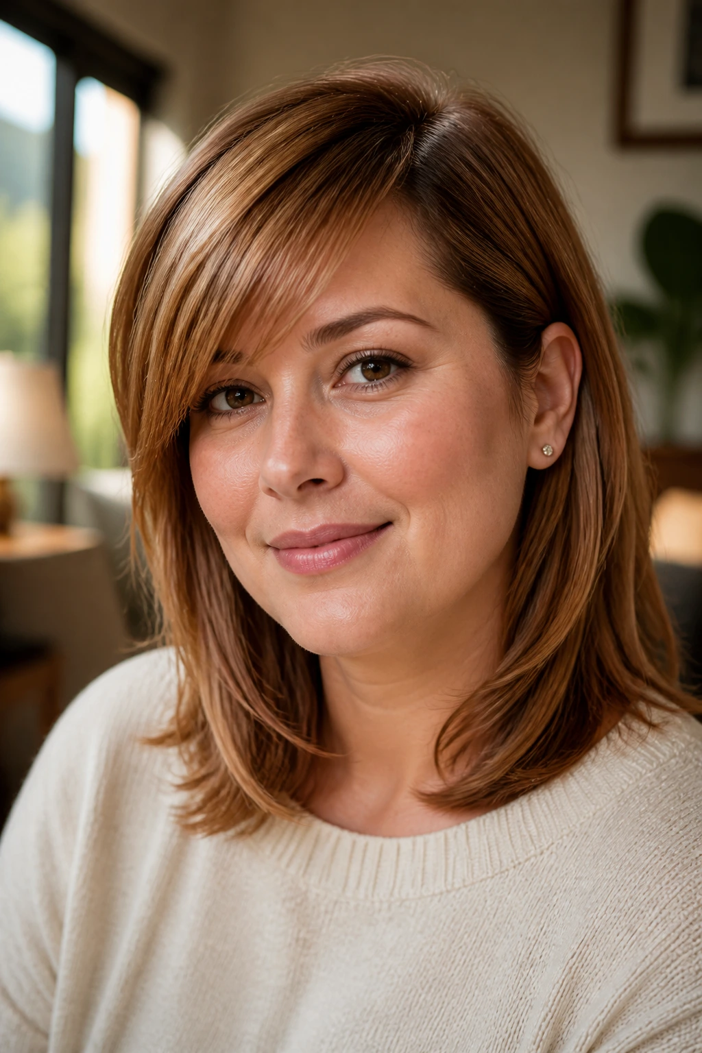 Close-up portrait of a real woman with honey brown shoulder-length hair and side fringe in warm natural light