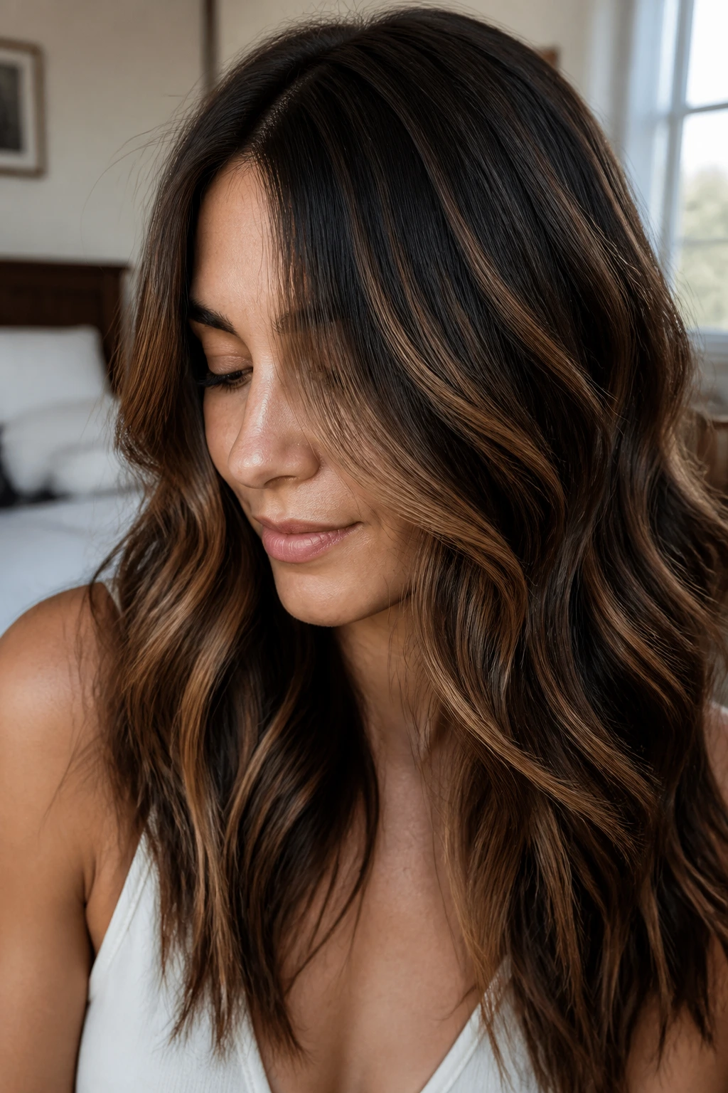 Portrait of brunette hair with honey brown lowlights under the crown.