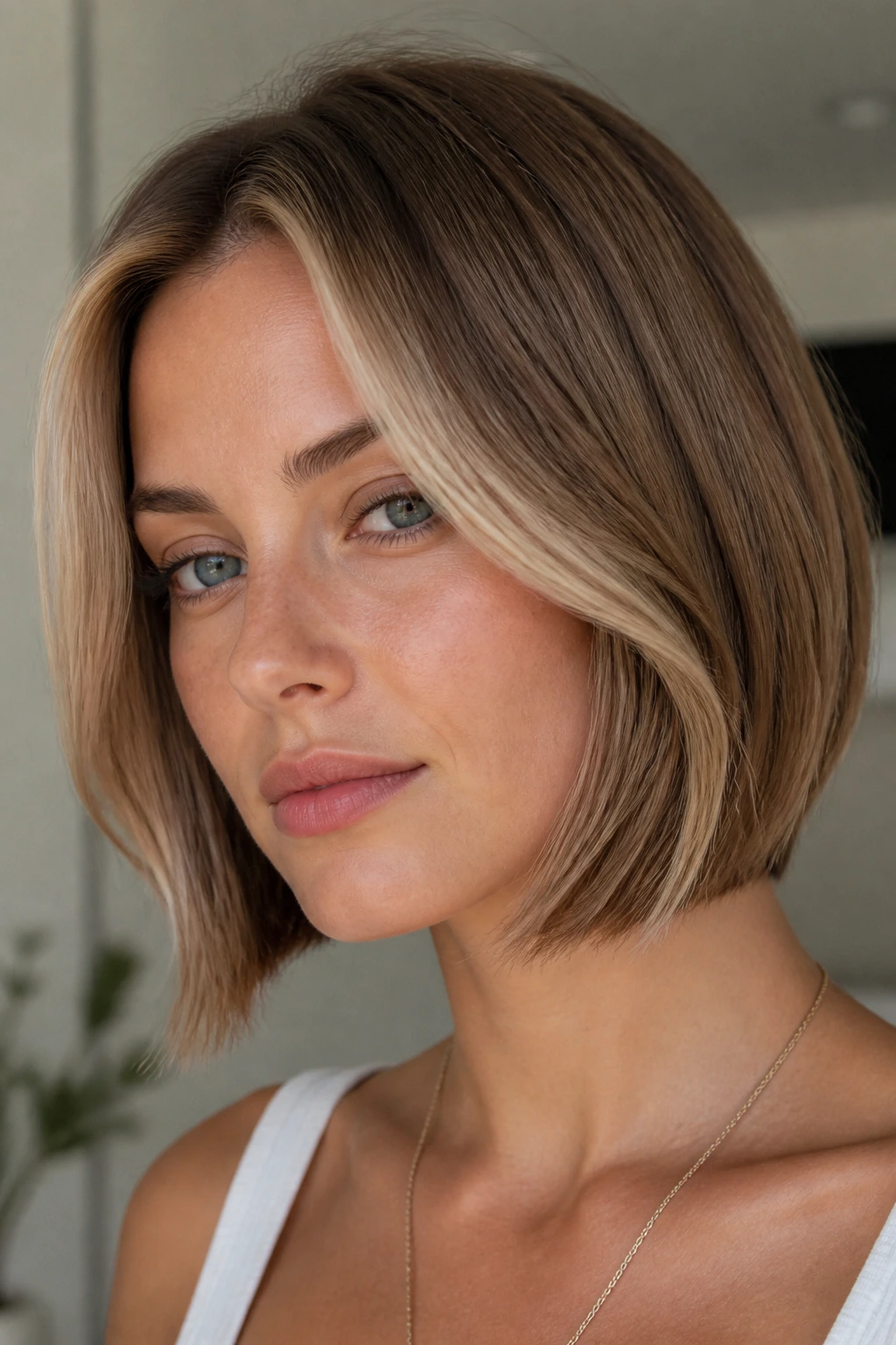 Close-up portrait of a real woman with a honey brown money piece and a chic bob.