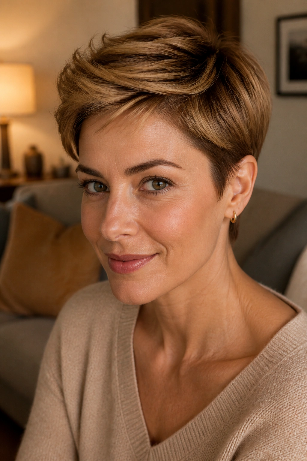 Close-up portrait of a real woman with Honey-Brown Pixie With Ear Tuck showing the tucked ear.