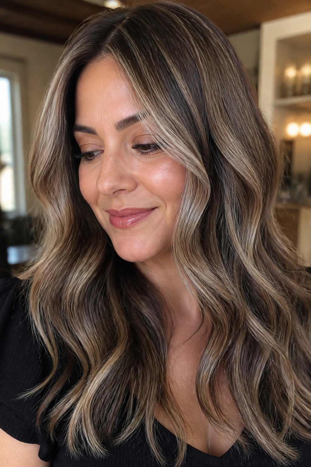 Close-up of honey brown hair with rake-through silver highlights