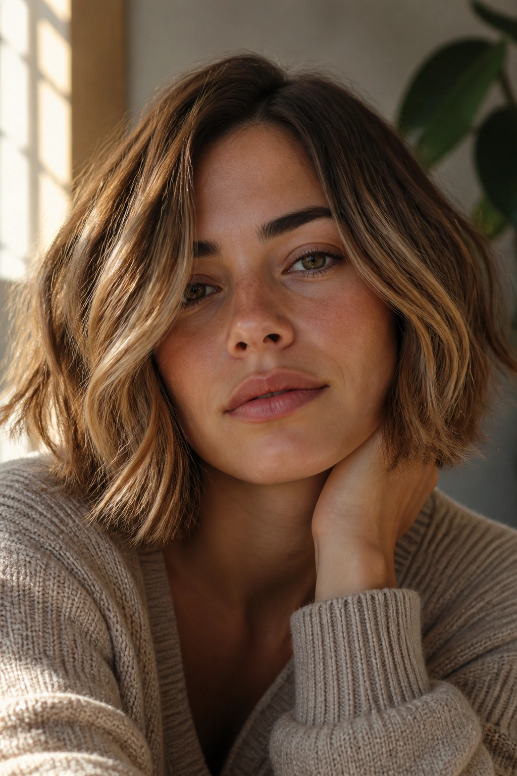 Close-up of a woman with honey brown wavy bob and natural waves