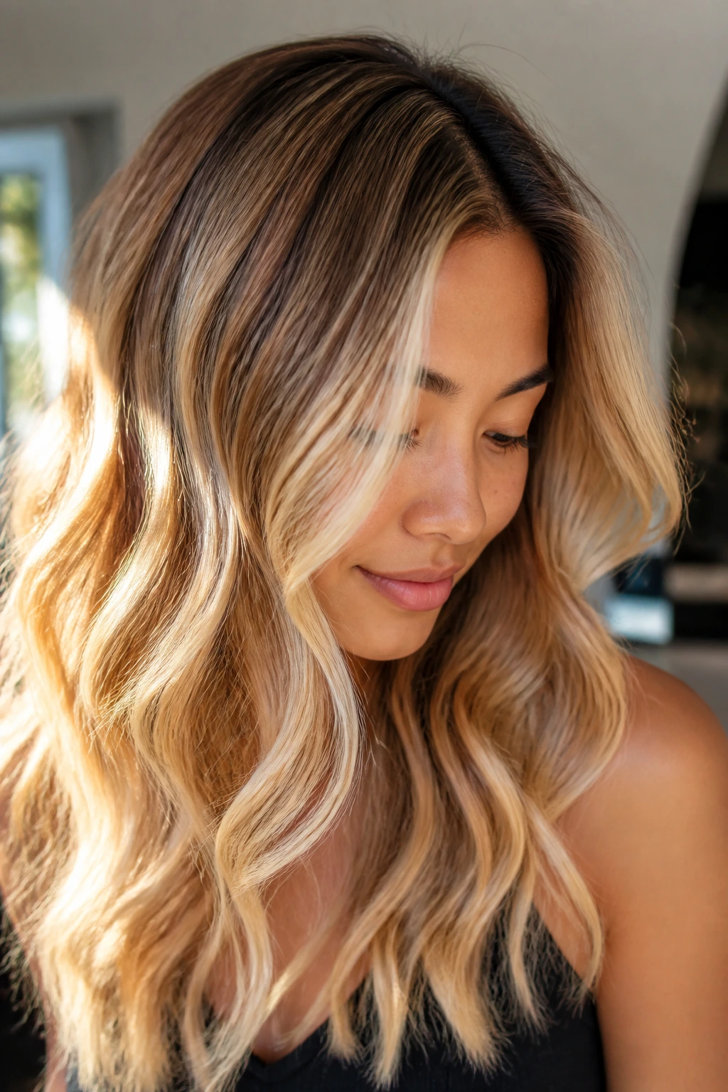 Close-up portrait of a real person with honey butter blonde balayage and shadow root, sunlit room