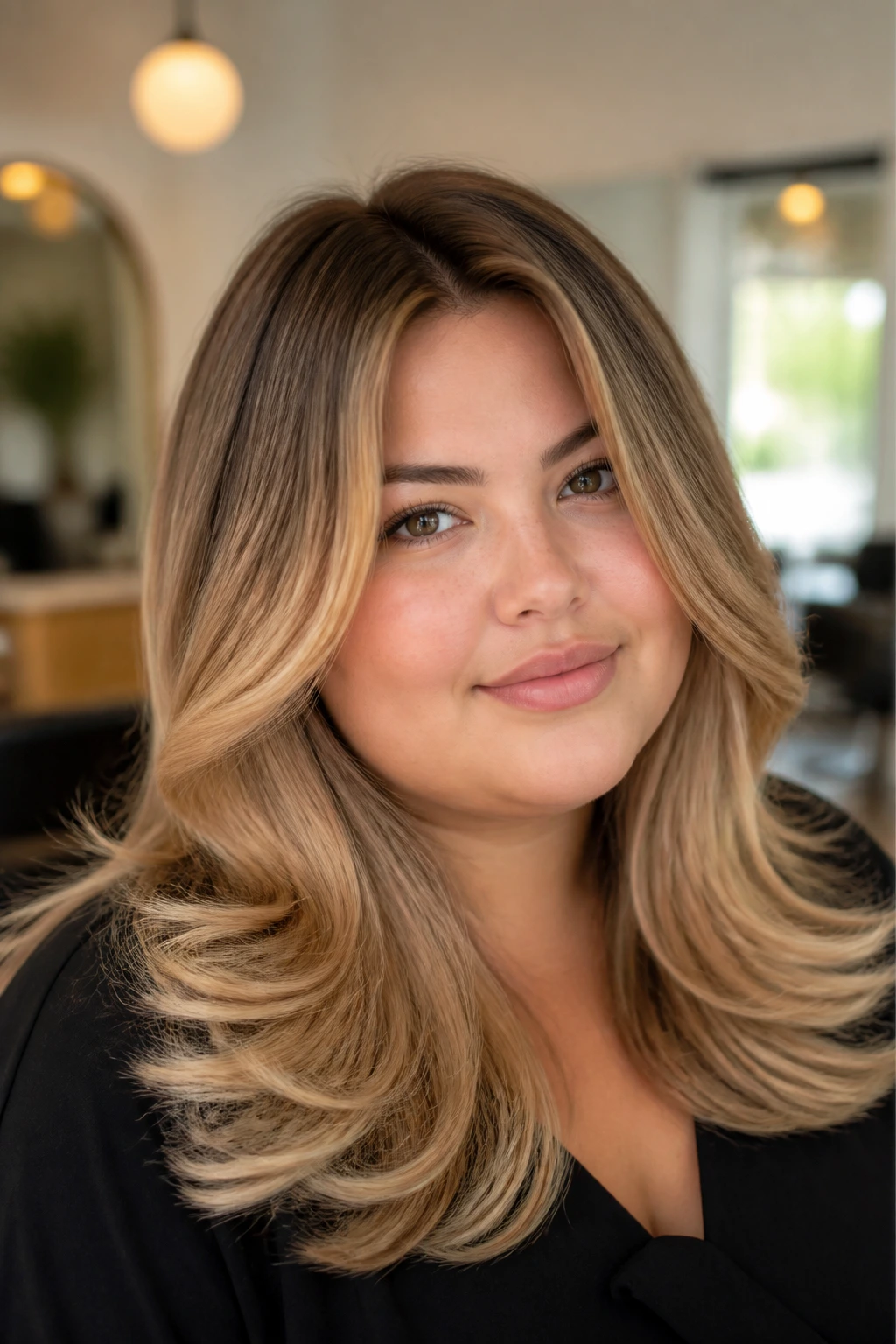 Close-up of a real woman with honey-butter ombre round-brush blowout and crown volume