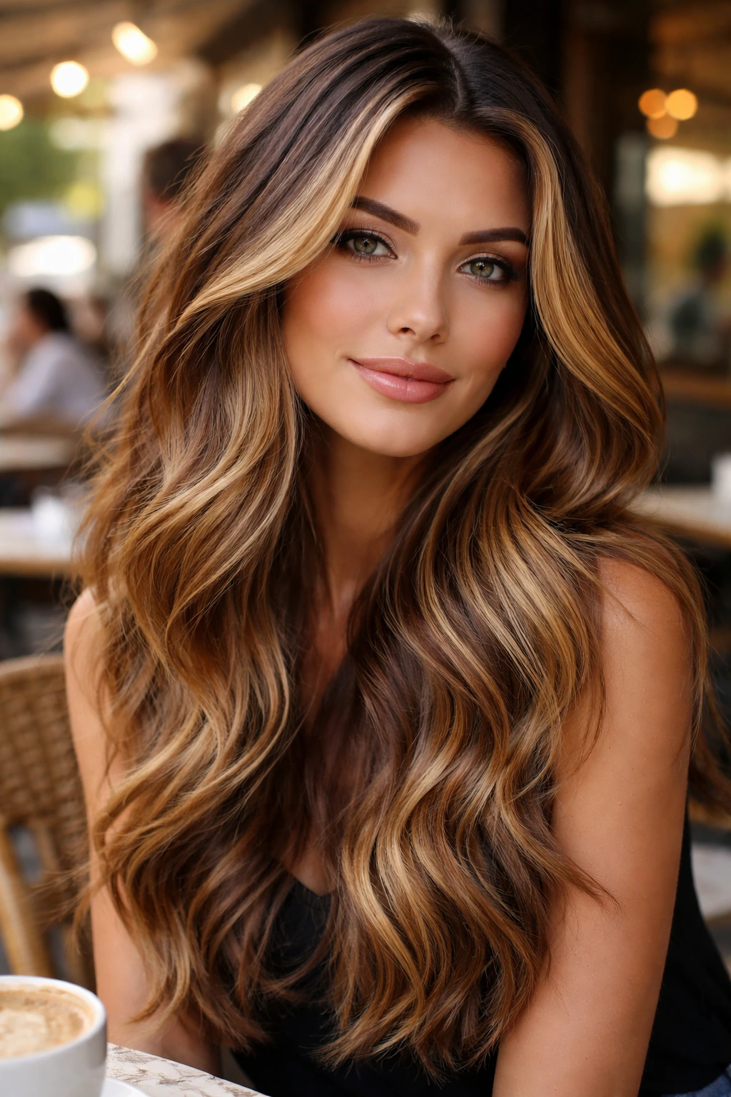 Close-up of honey and caramel balayage blending brunette to blonde on a real person
