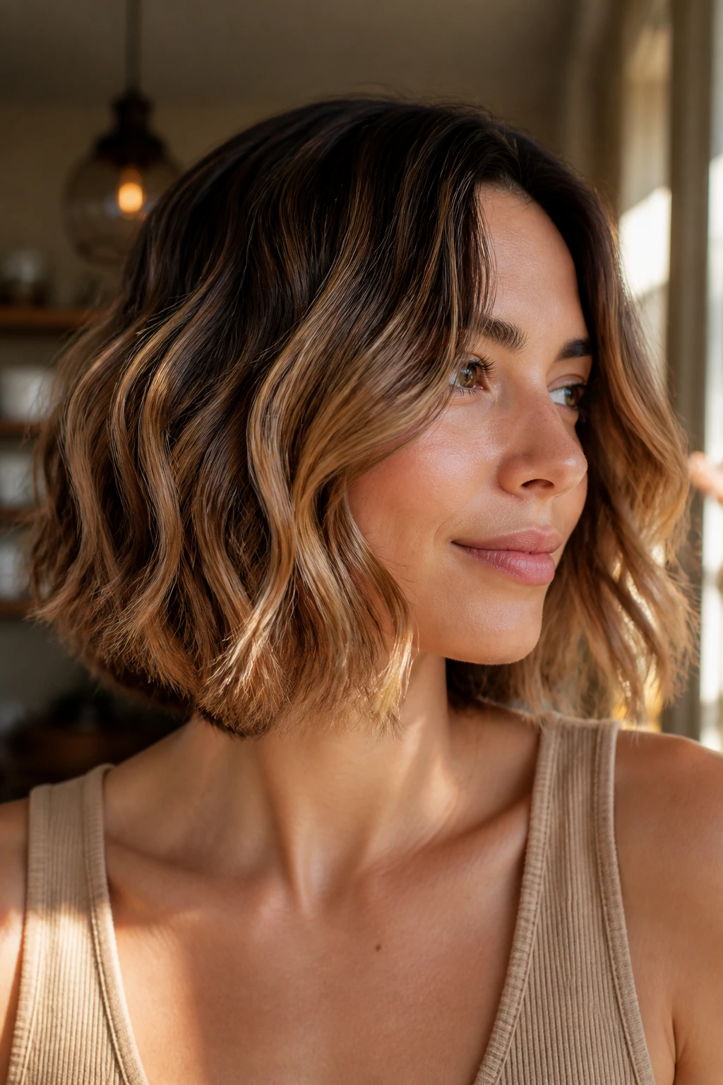 Close-up of a real woman with a wavy bob and honey caramel highlights