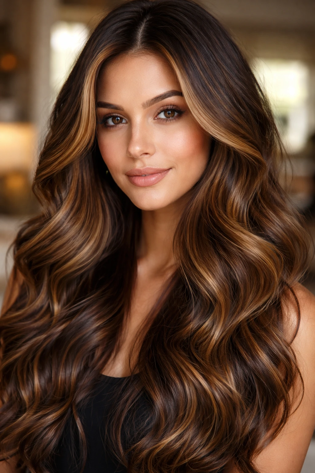 Close-up of hair with honey-caramel highlights on a deep brown base