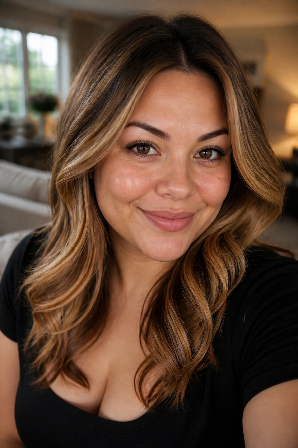 Close-up of hair with honey caramel highlights and quiet lowlights framing the face