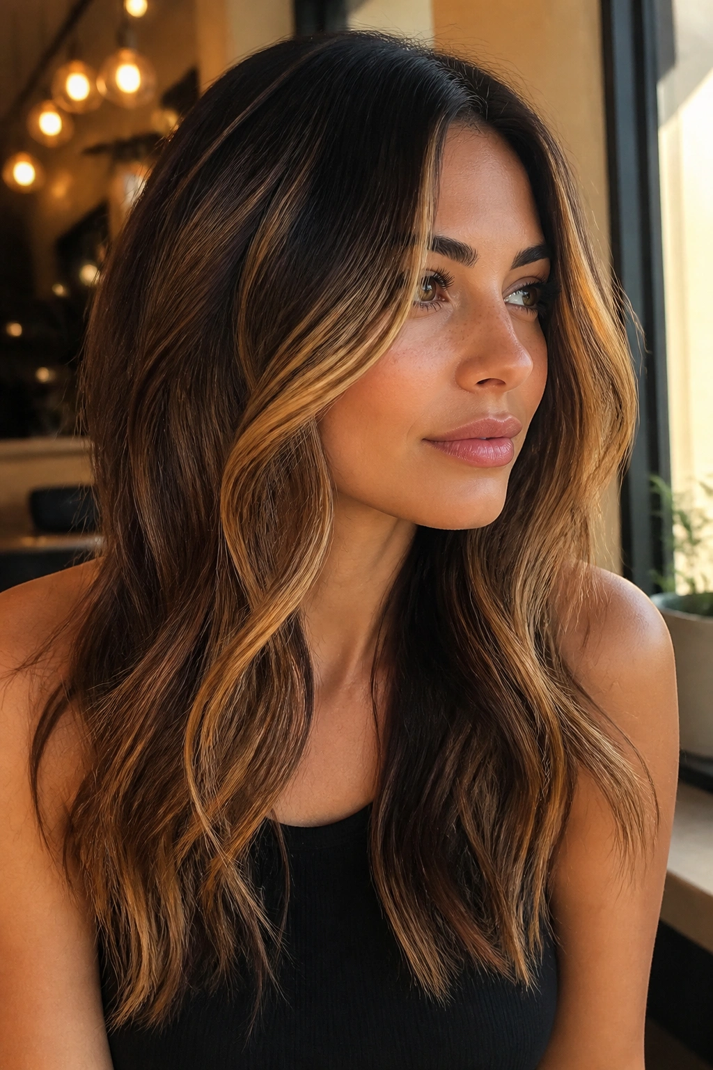 Close-up portrait of a warm brunette with honey caramel highlights around the face