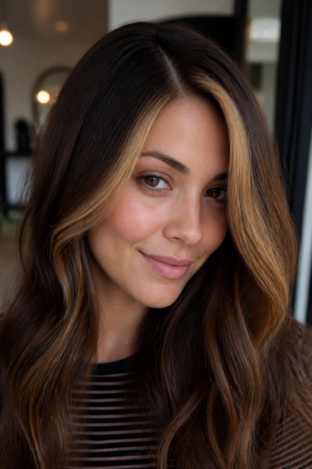 Close-up of a side-parted hairstyle with honey caramel money pieces