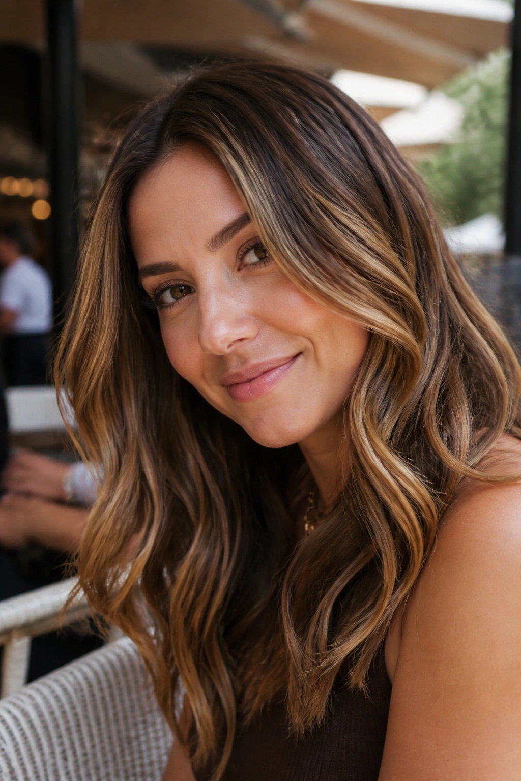 Portrait of hair with honey and caramel ribbons weaving through brown hair