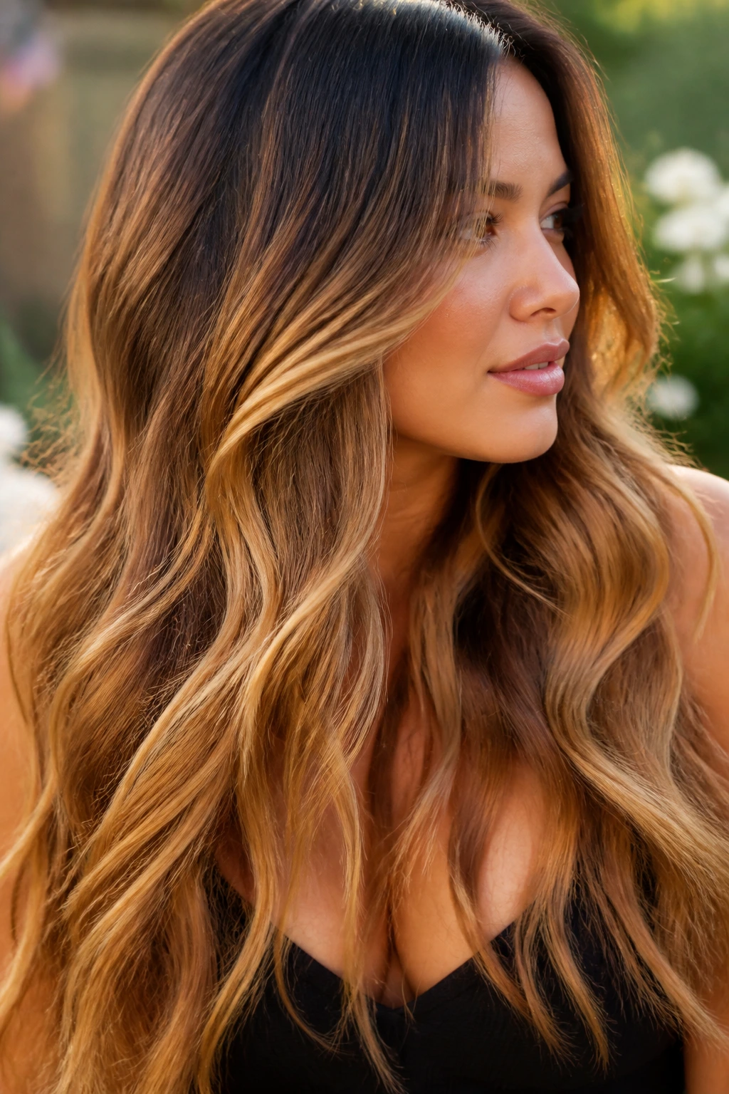 Close-up of a real woman with thick long hair featuring a warm honey cascade in golden hour light