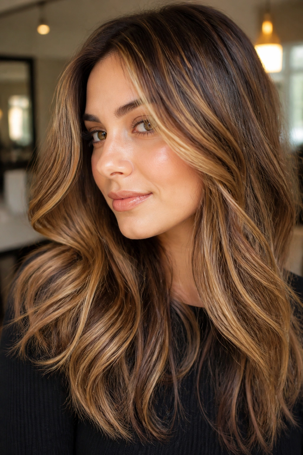 Real woman with honey blonde highlights and chestnut lowlights.