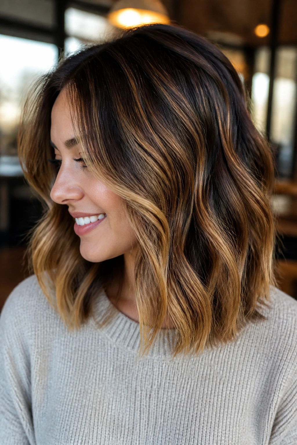 Shoulder-length hair with honey ribbons and cinnamon dimension on a real person