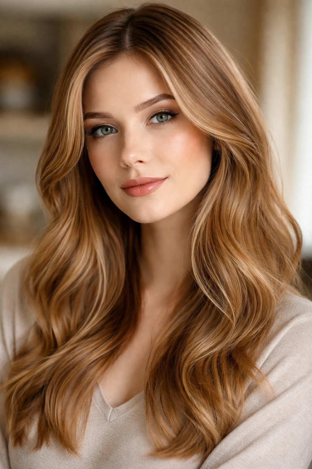 Close-up of a real woman with honey-copper blend hair in a soft indoor setting