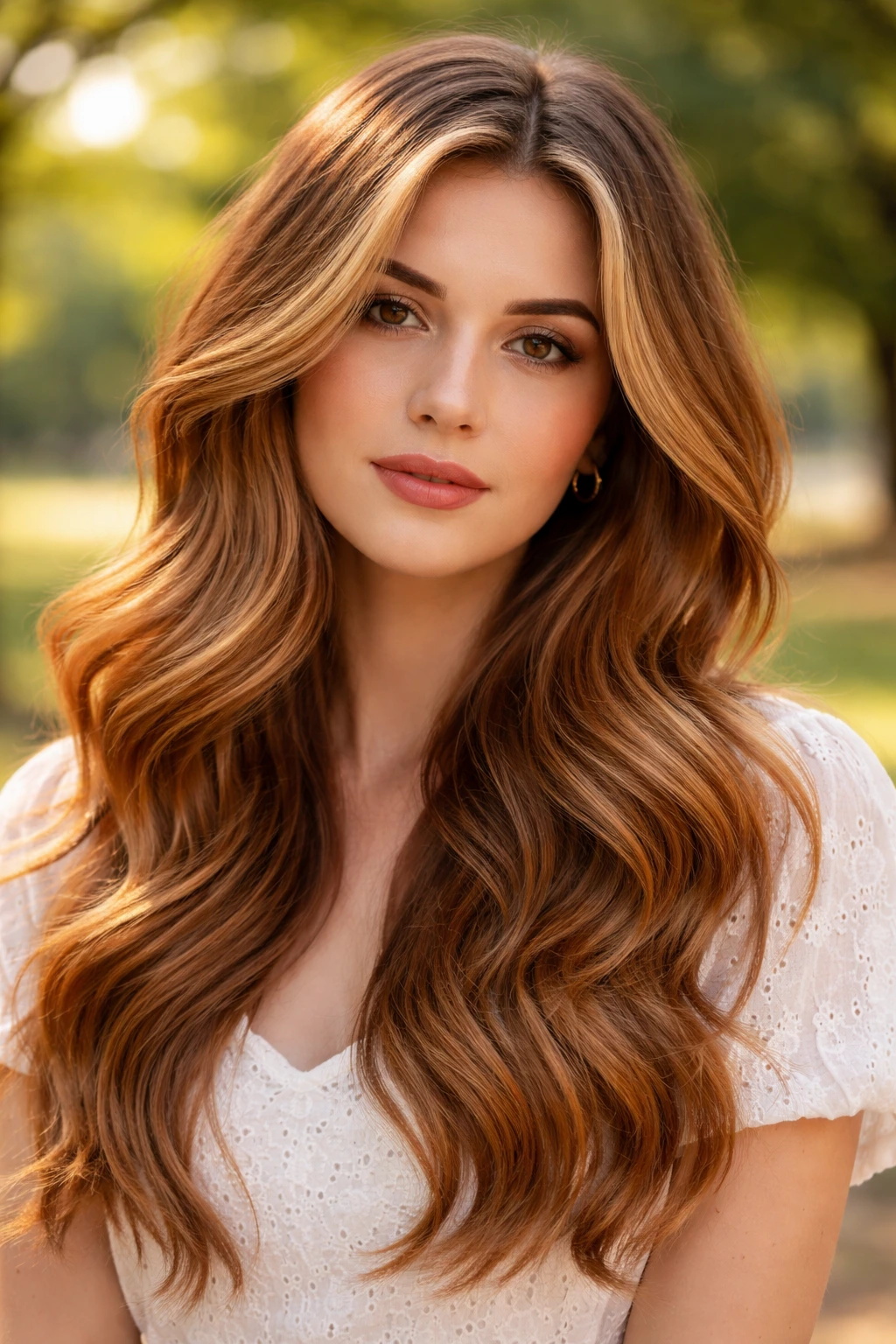 Portrait of a woman with honey-copper melt hair outdoors in golden hour light